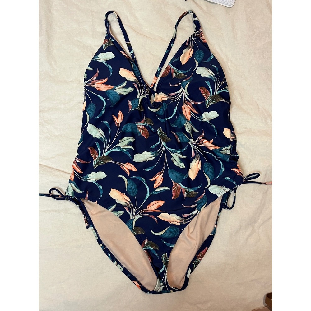 Mynah Lush Leaves 1 Piece Swimsuit Navy Blue Coral Green Womens XXL New With Tag